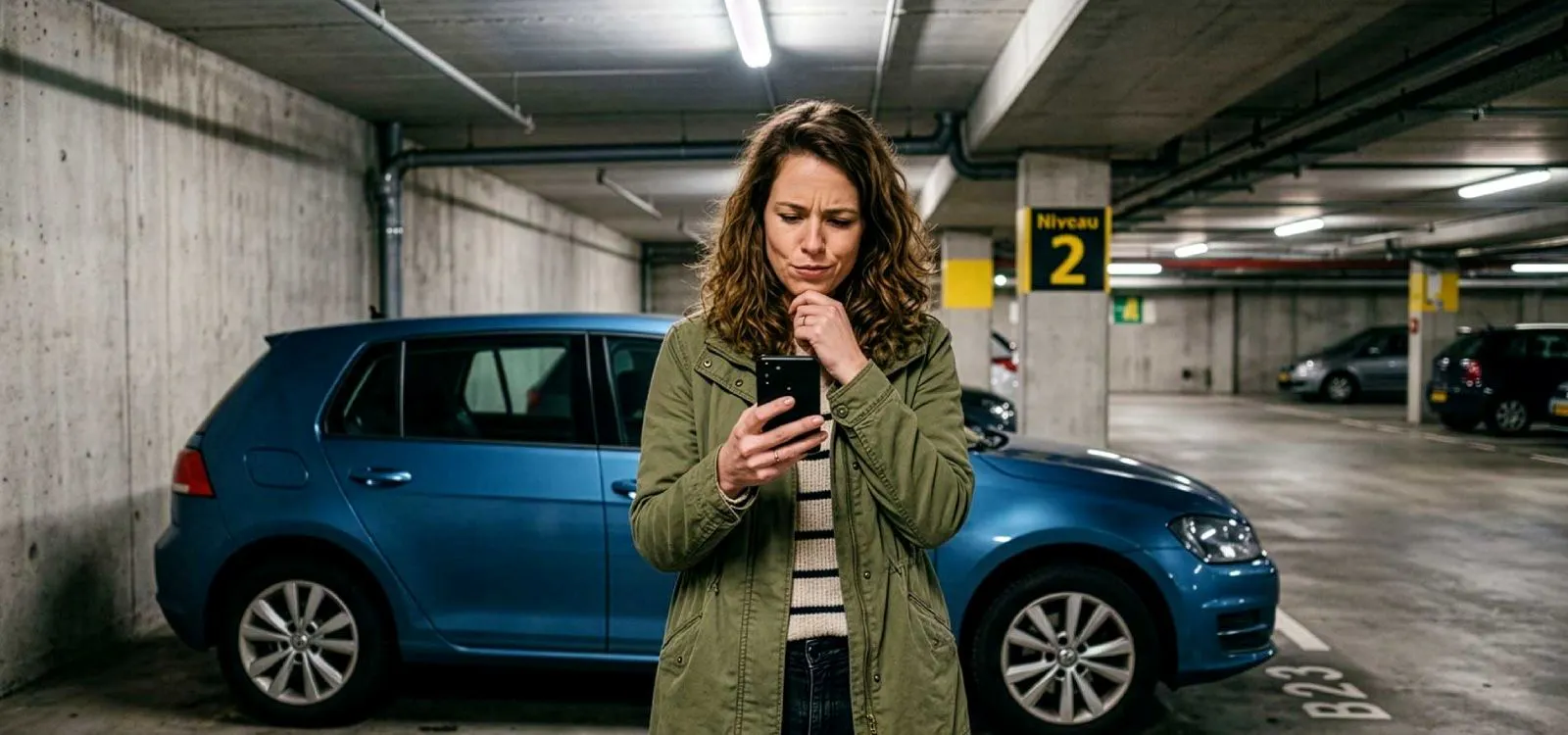 Vrouw staat in de garage voor haar auto met parkeerschade