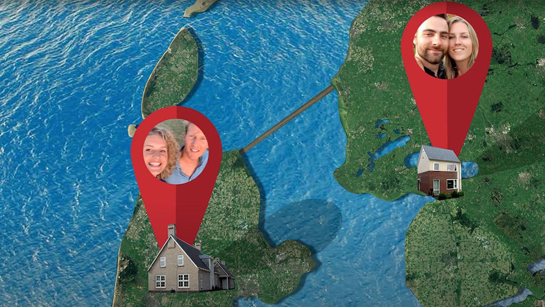 Kaart van Noord-Nederland met locatie-pin op 1 huis in Noord-Holland en 1 in Friesland, elke pin heeft een foto van een stelletje in de kop.