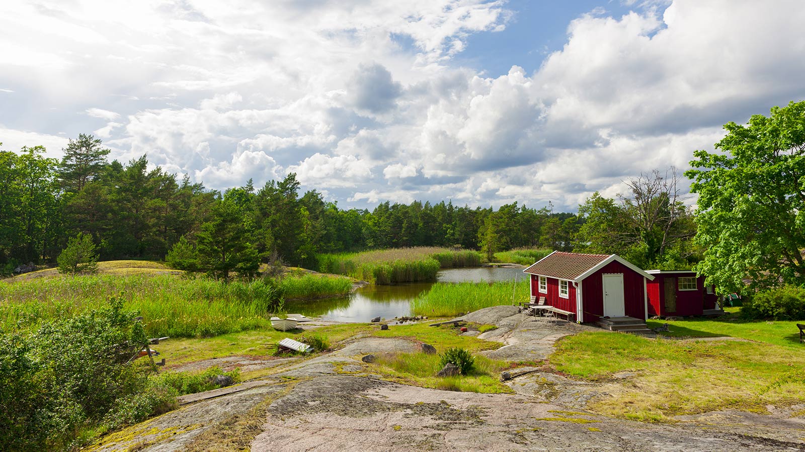 landschap met een klein huisje in de natuur