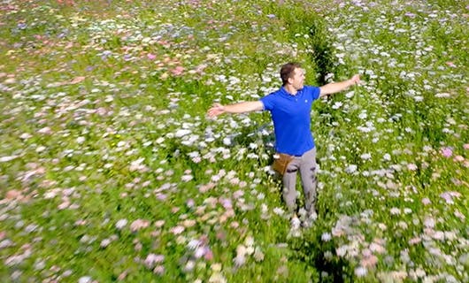 Meneer staat in een veld met wilde bloemen